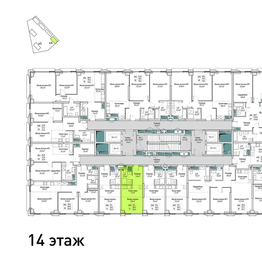 План этажа — 1к. квартира, 26.2 м²