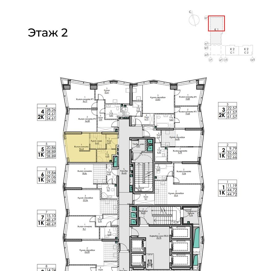 План этажа — 1к. квартира, 28.9 м²