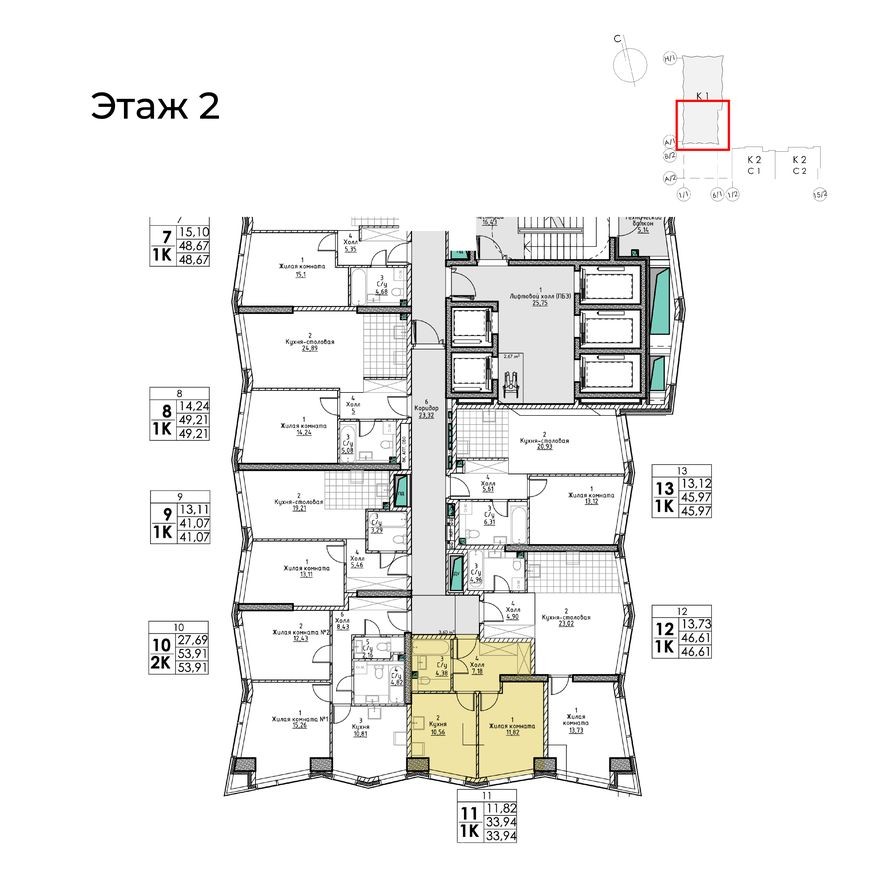 План этажа — 1к. квартира, 33.9 м²