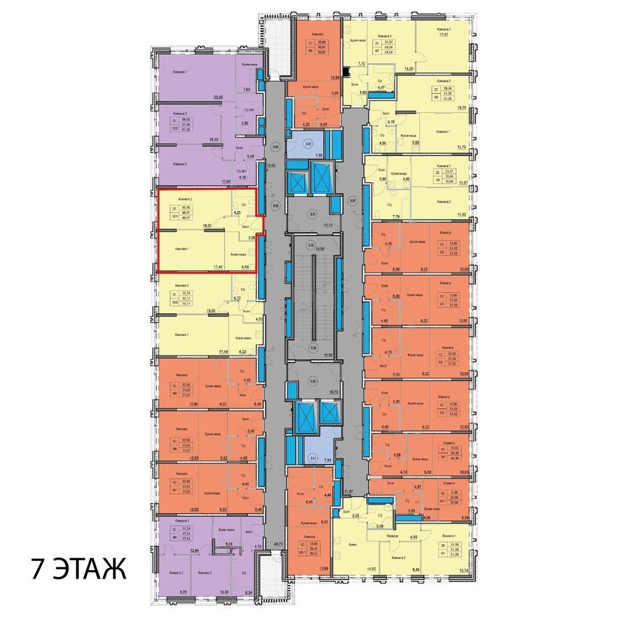 План этажа — 2к. апартаменты, 49.9 м²