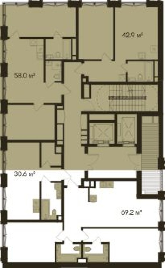 План этажа — 1к. квартира, 42.9 м²