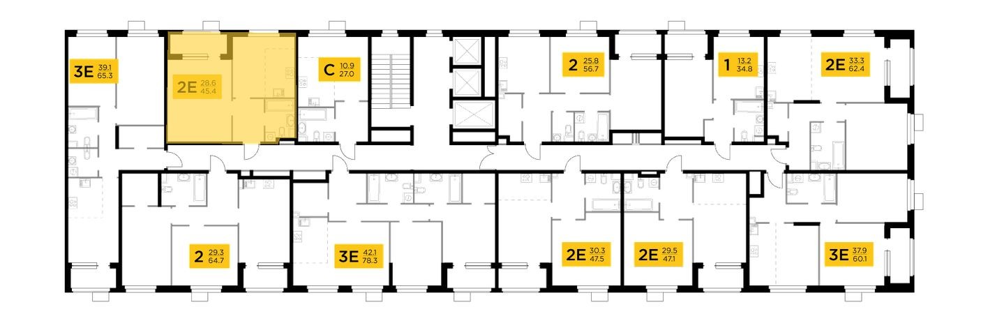 План этажа — 1к. квартира, 43.3 м²