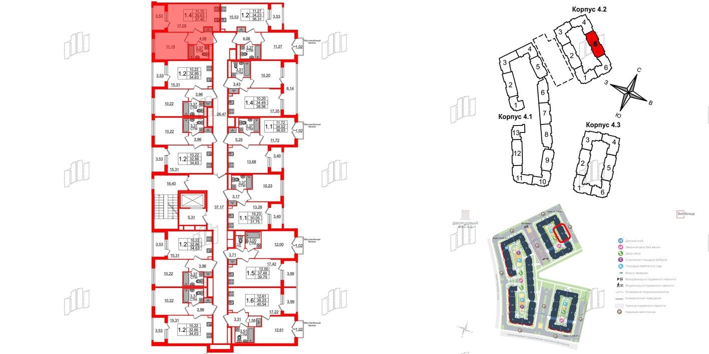План этажа — 1к. квартира, 35.6 м²