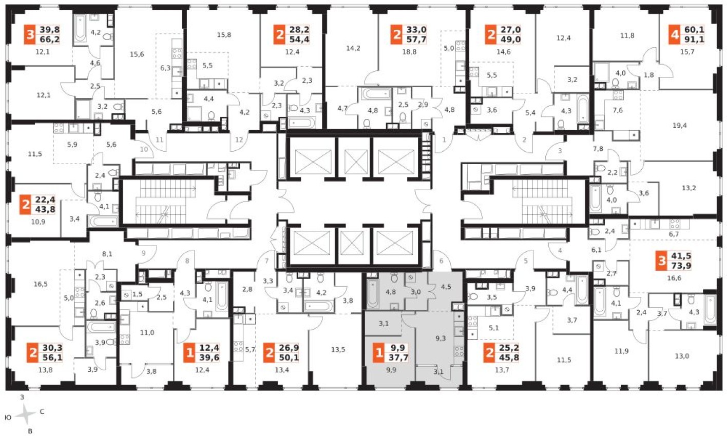 План этажа — 1к. квартира, 37.7 м²