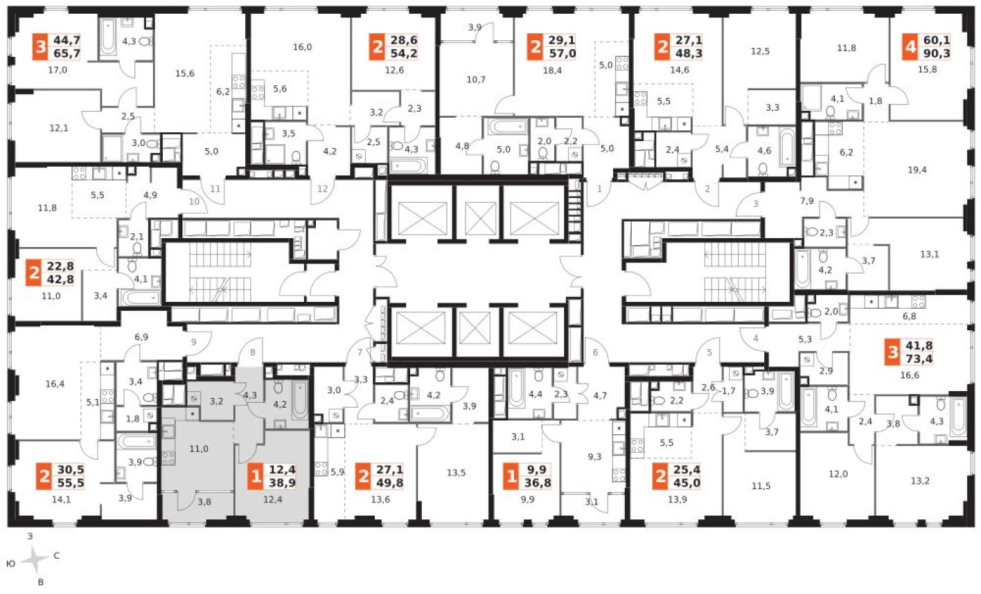 План этажа — 1к. квартира, 38.9 м²