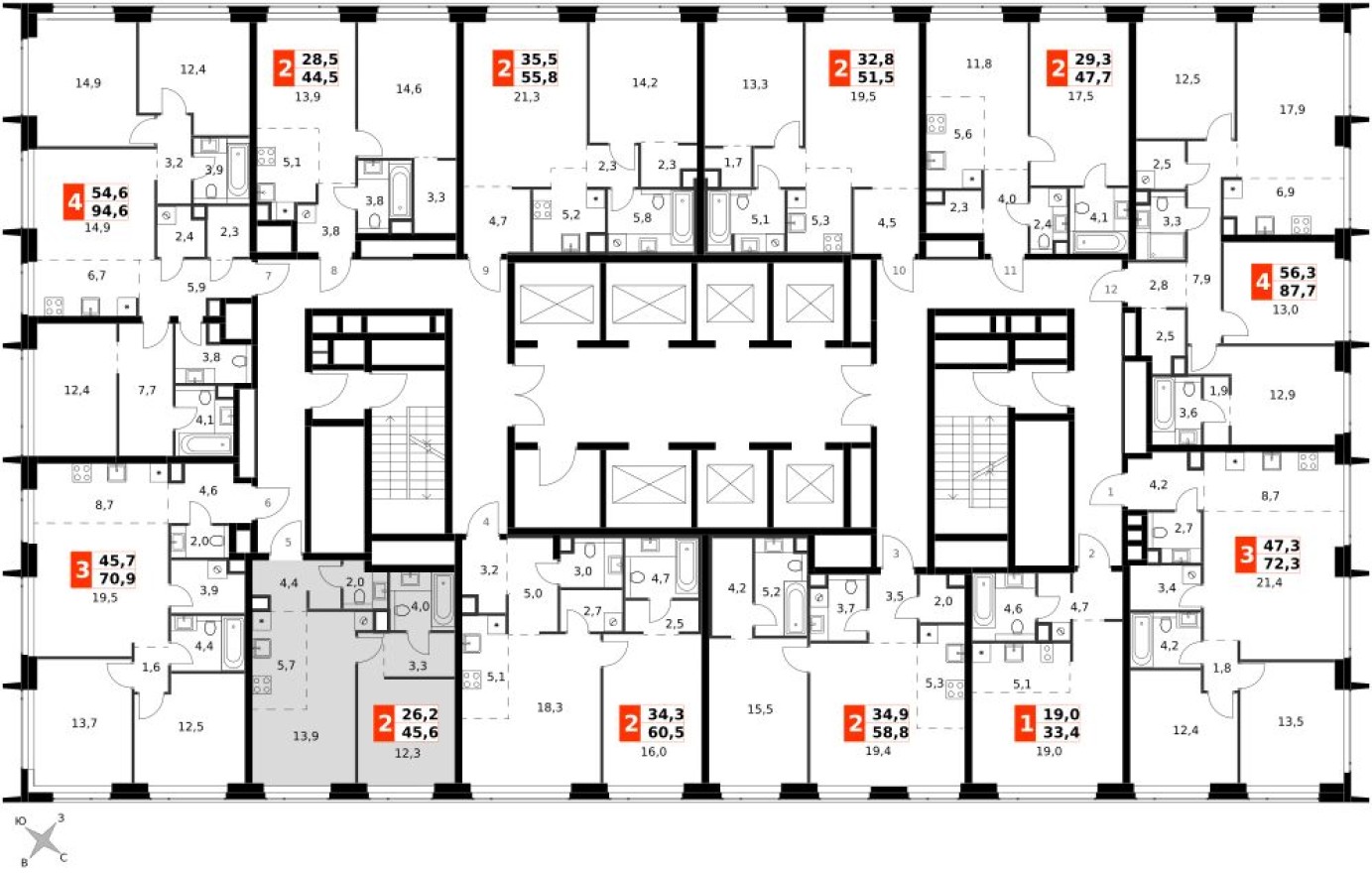 План этажа — 2е квартира, 45.6 м²