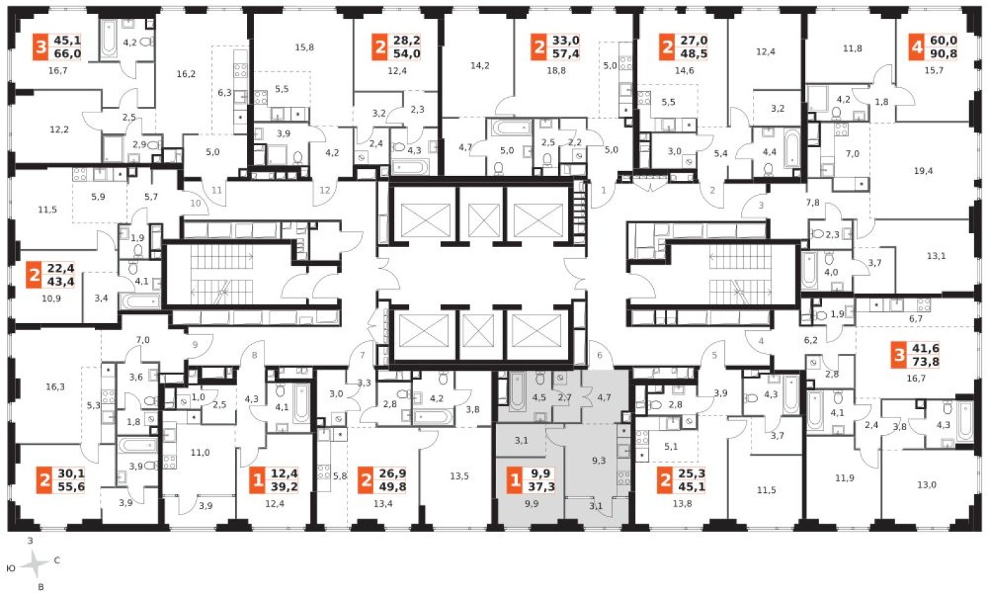 План этажа — 1к. квартира, 37.3 м²