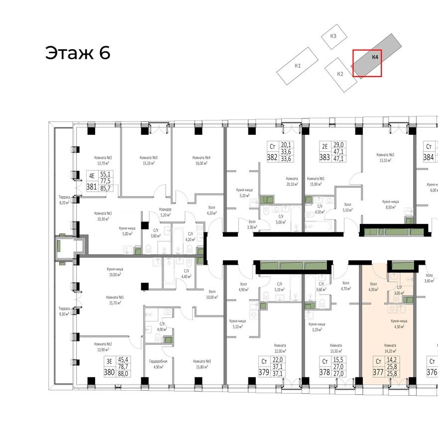 План этажа — 1к. апартаменты, 25.8 м²