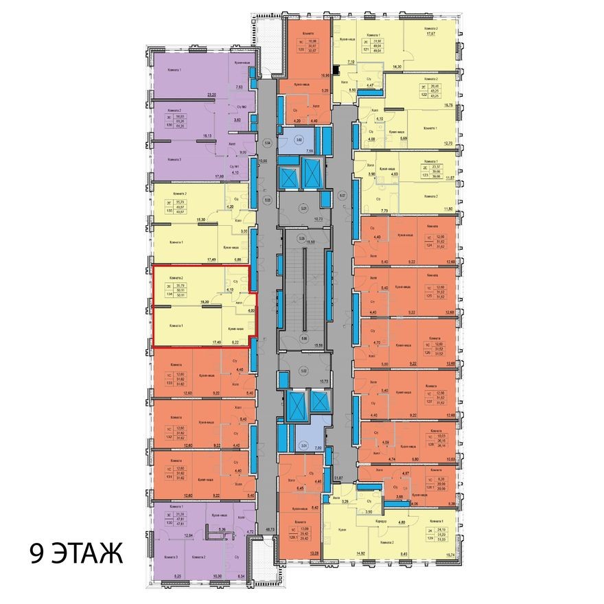 План этажа — 2к. апартаменты, 50.1 м²