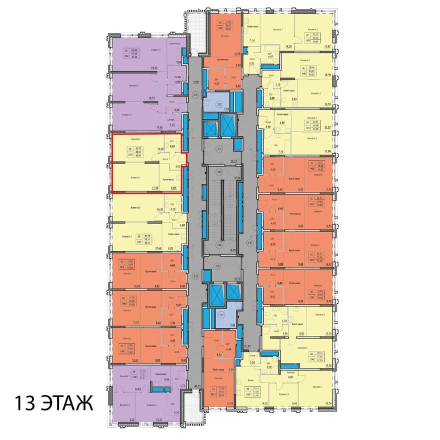 План этажа — 2к. апартаменты, 49.9 м²