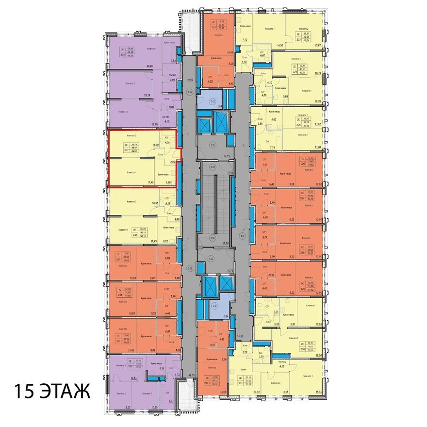 План этажа — 2к. апартаменты, 49.9 м²