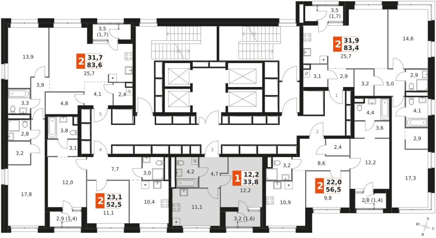 План этажа — 1к. квартира, 33.8 м²