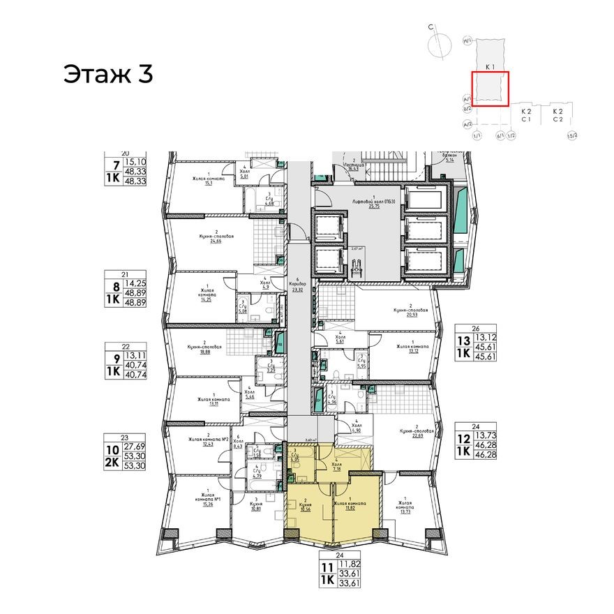 План этажа — 1к. квартира, 33.6 м²