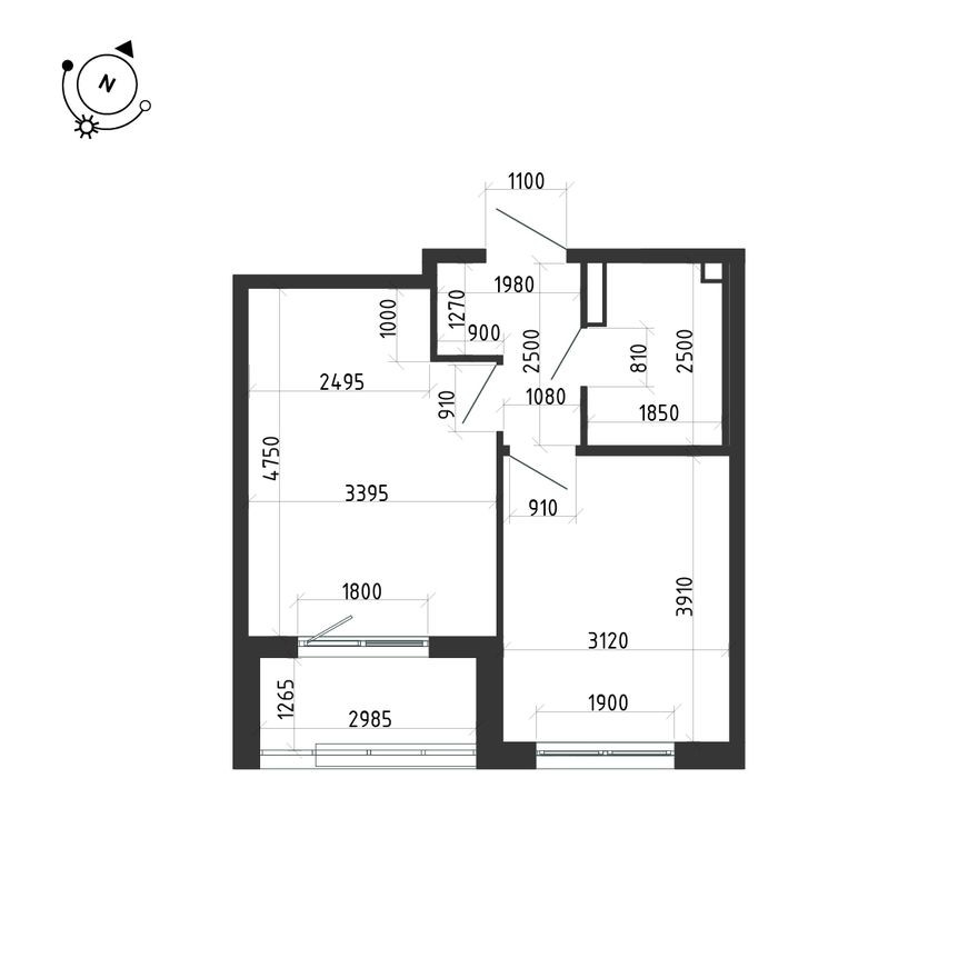 План этажа — 1к. квартира, 37.5 м²