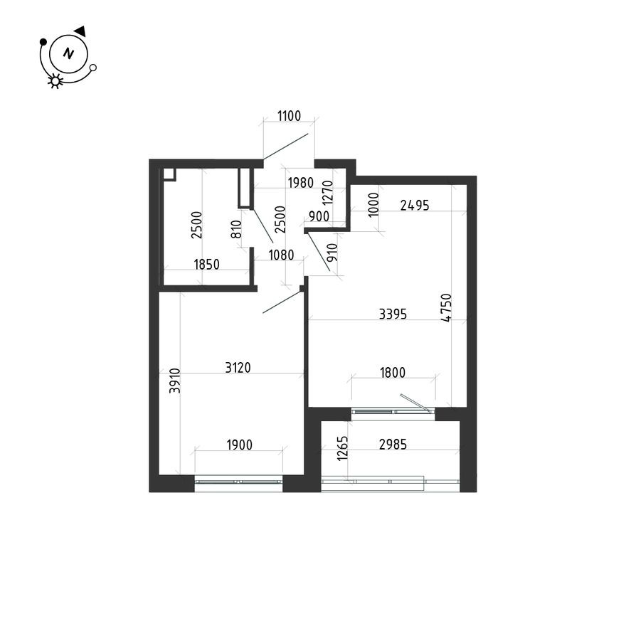План этажа — 1к. квартира, 37.5 м²