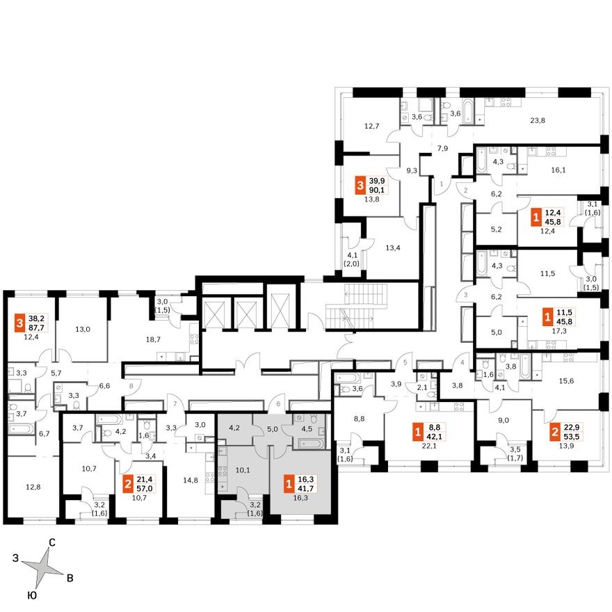 План этажа — 1к. квартира, 41.7 м²
