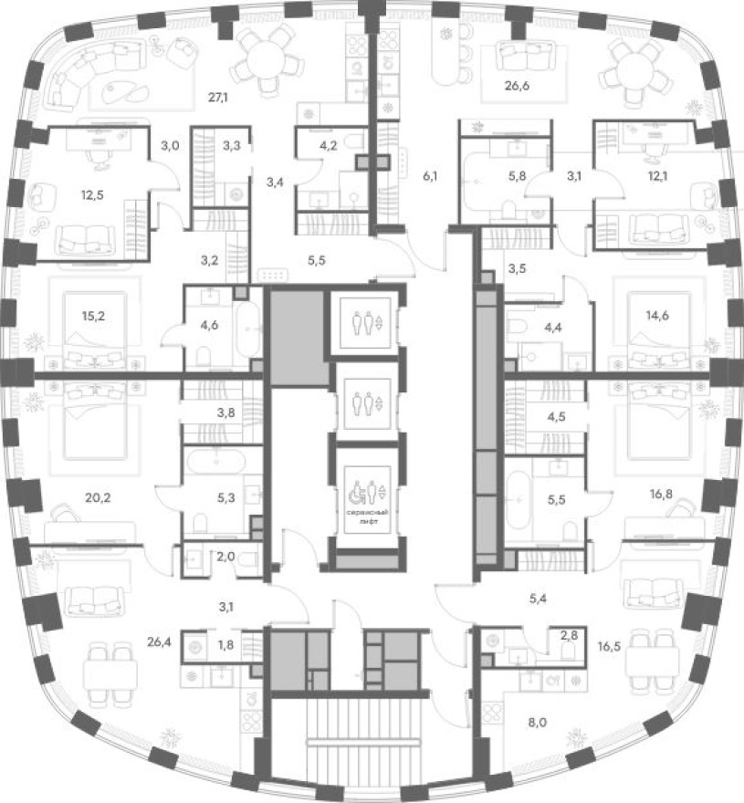 План этажа — 1к. квартира, 59.5 м²