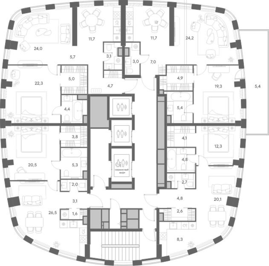 План этажа — 1к. квартира, 80.9 м²