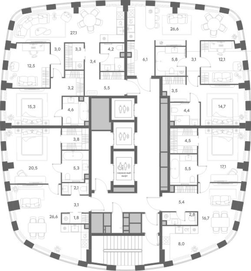 План этажа — 1к. квартира, 60.0 м²