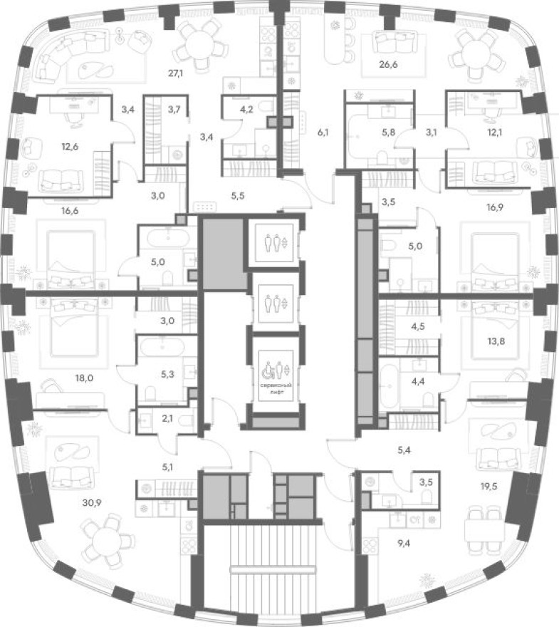 План этажа — 1к. квартира, 64.4 м²