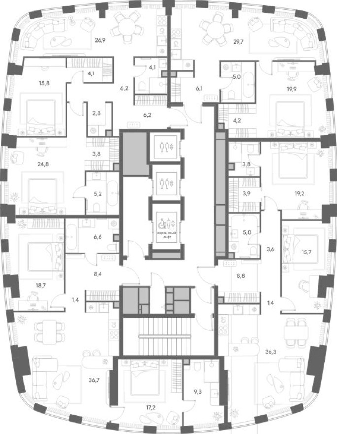 План этажа — 1к. квартира, 64.9 м²