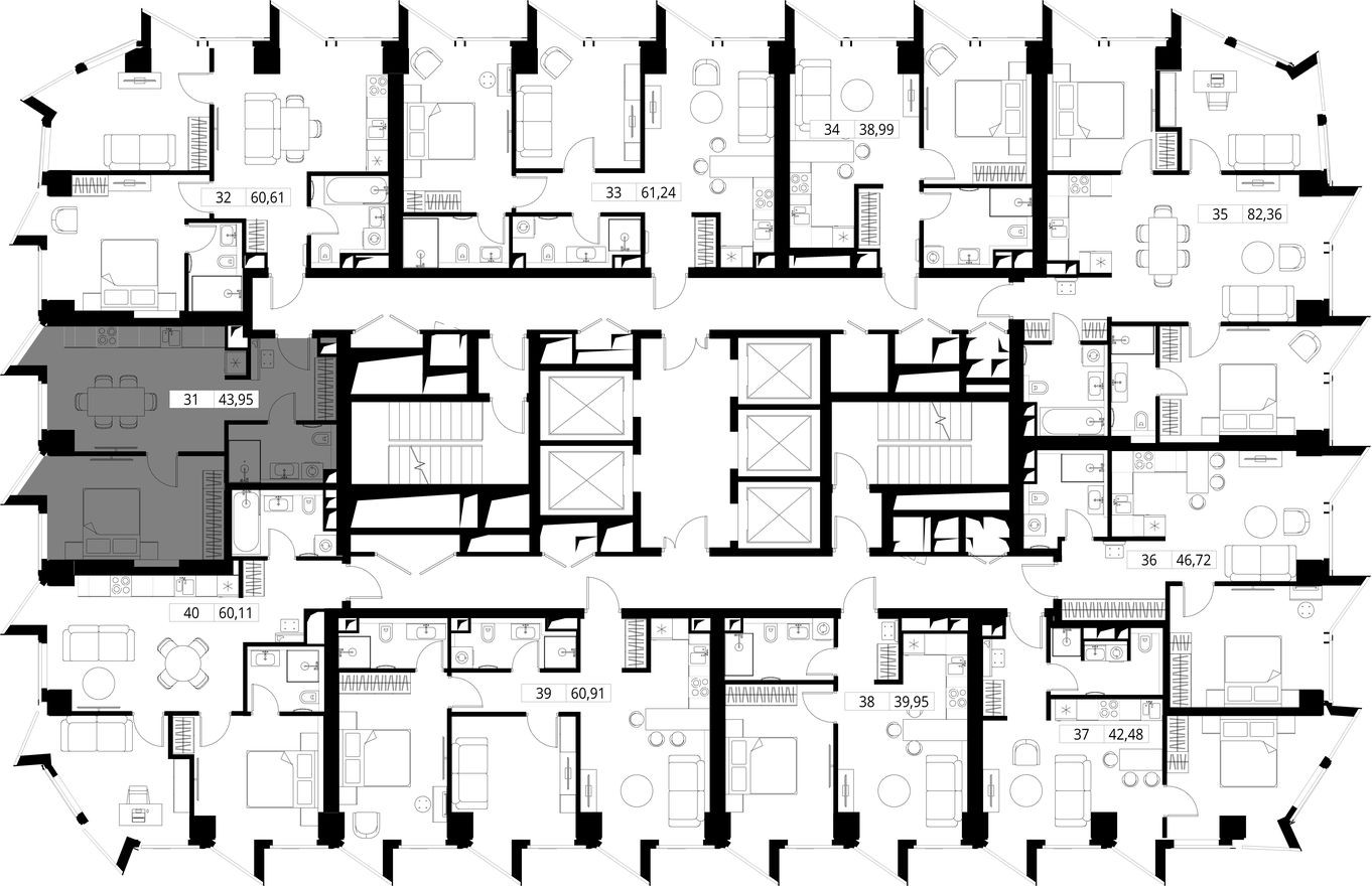 План этажа — 1к. квартира, 43.7 м²