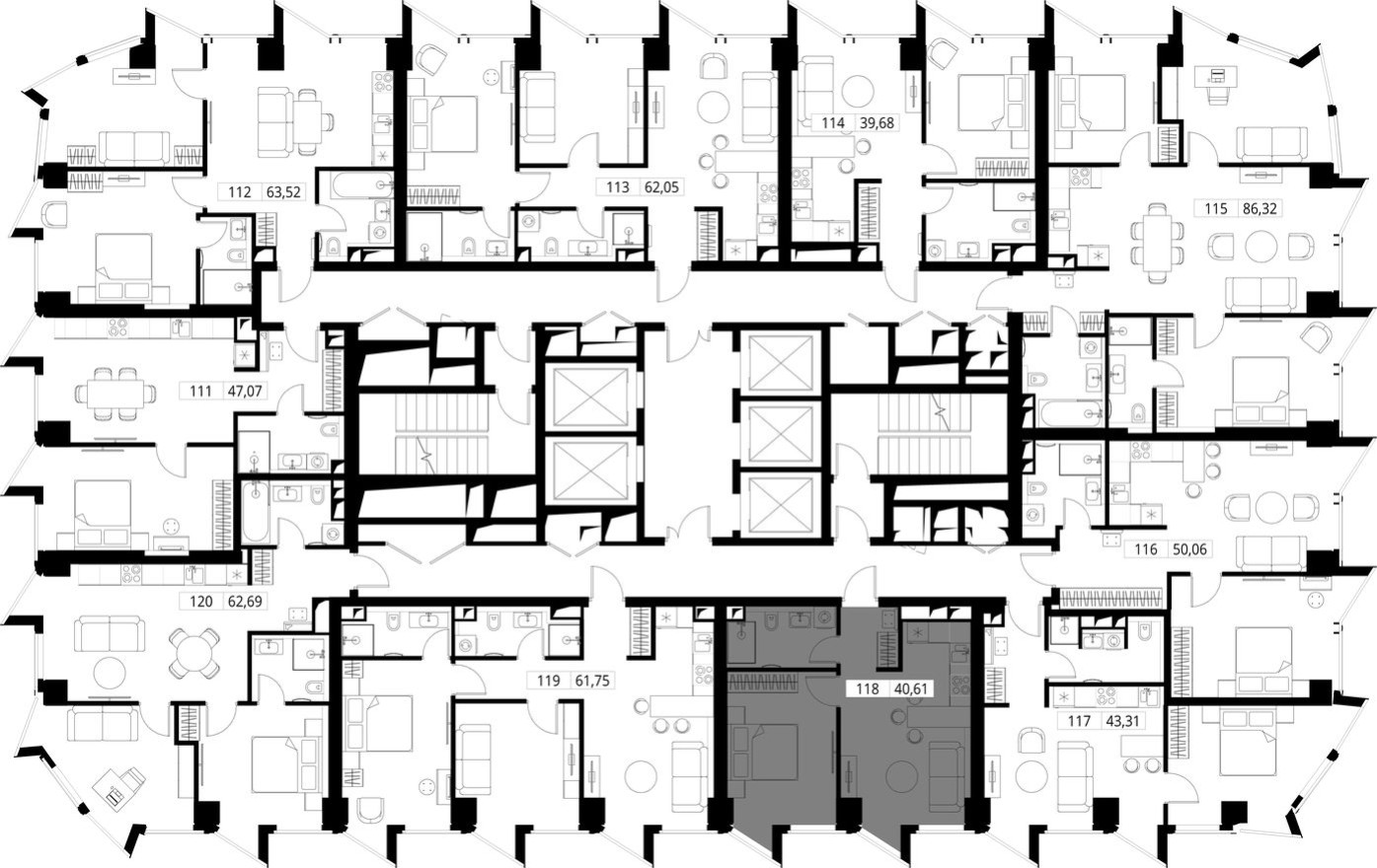 План этажа — 1к. квартира, 40.4 м²