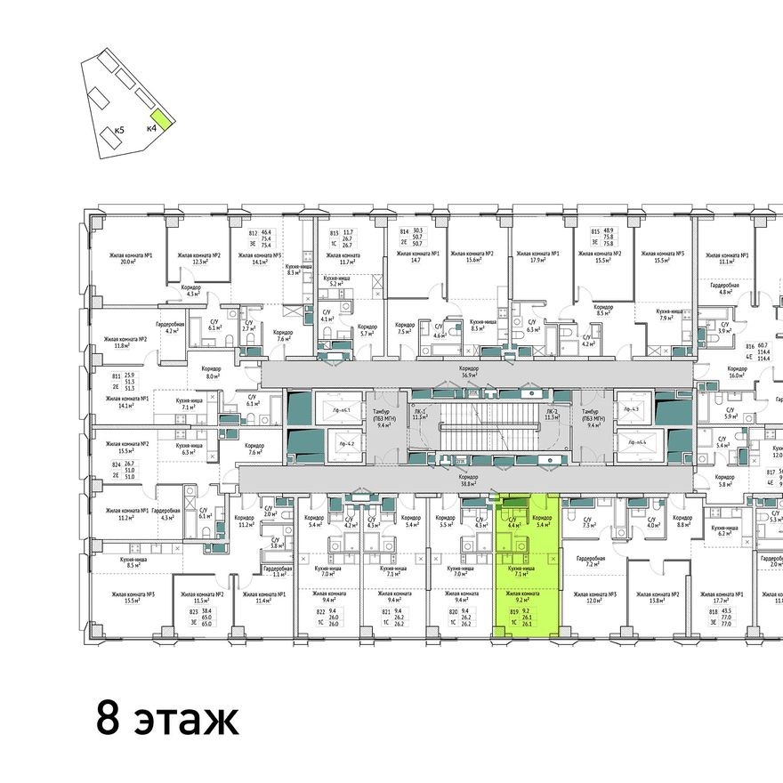 План этажа — 1к. квартира, 26.1 м²