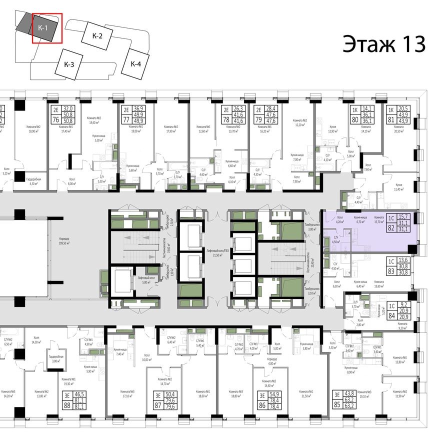 План этажа — 1к. апартаменты, 31.1 м²