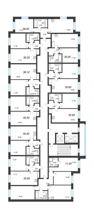 План этажа — 2е квартира, 35.8 м²