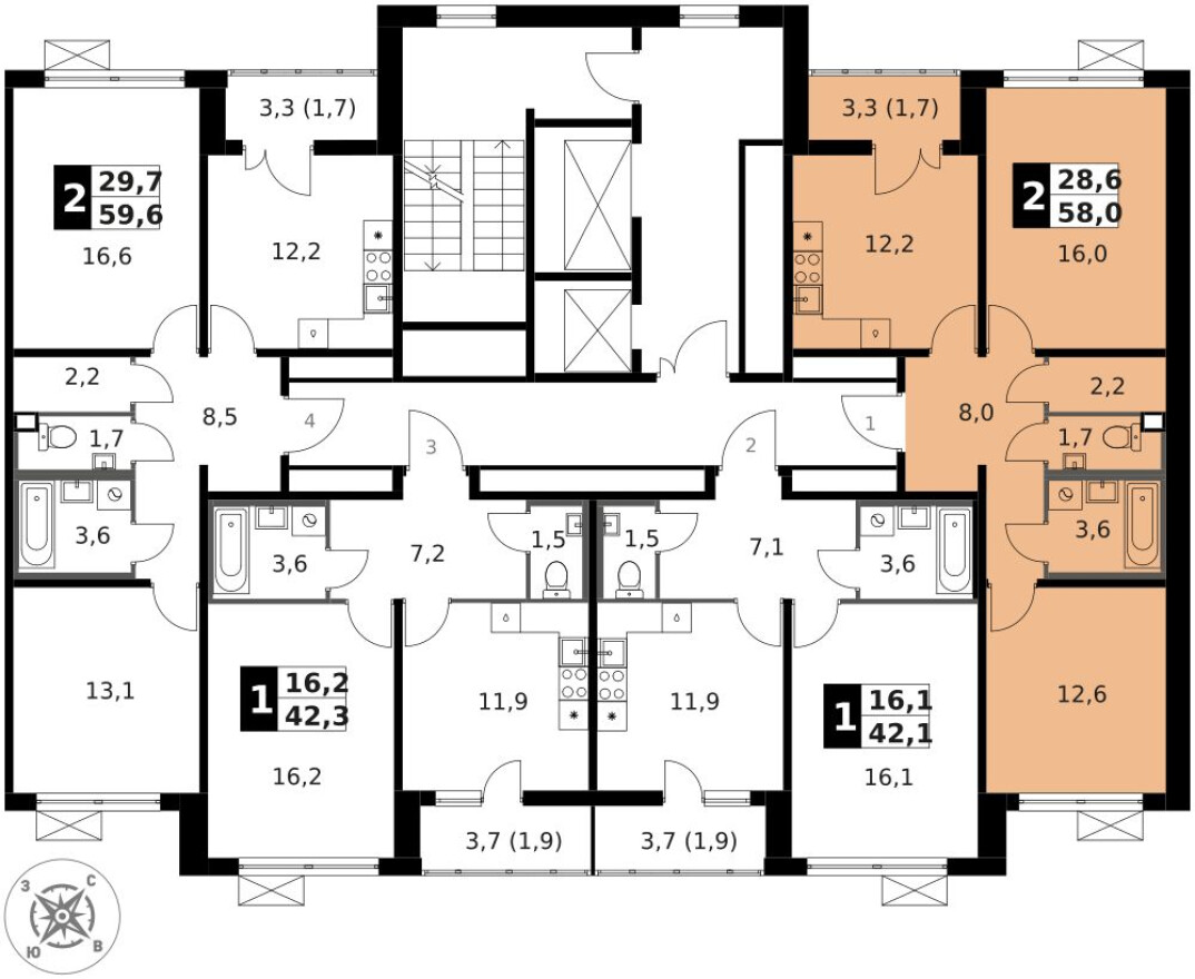 План этажа — 2к. квартира, 58.1 м²