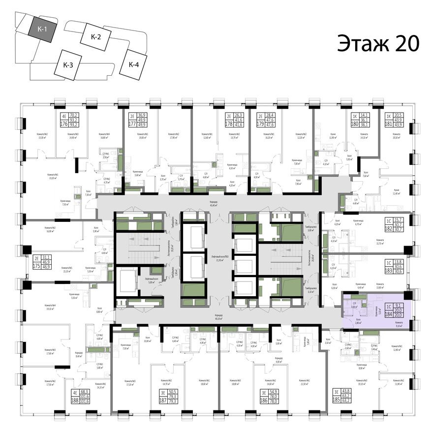 План этажа — 1к. апартаменты, 20.0 м²