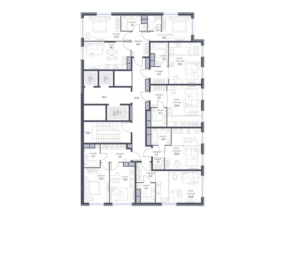 План этажа — 1к. квартира, 39.5 м²