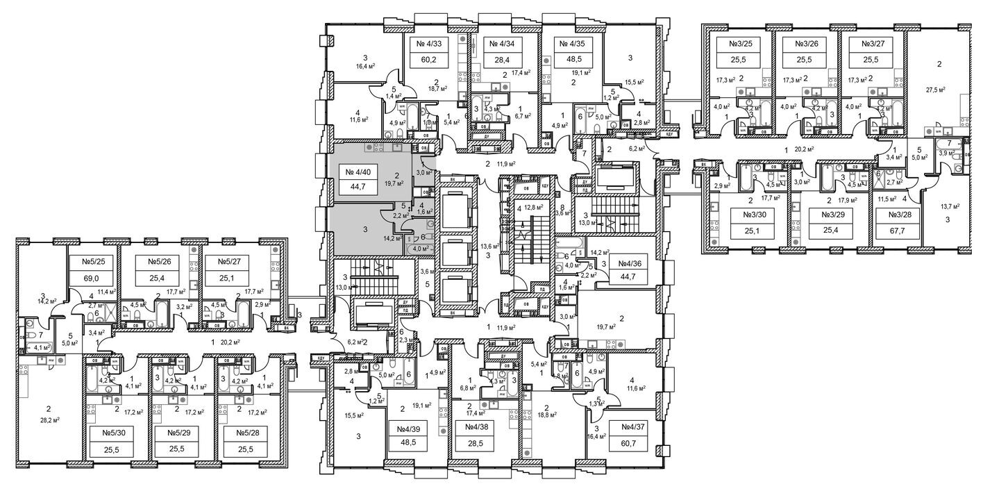 План этажа — 1к. квартира, 45.1 м²
