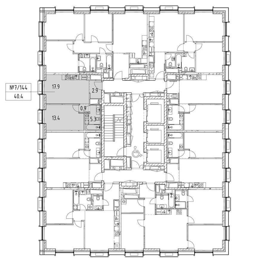 План этажа — 1к. квартира, 40.6 м²