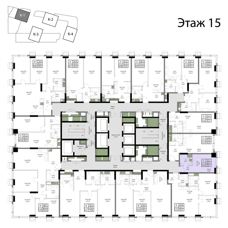 План этажа — 1к. апартаменты, 20.7 м²