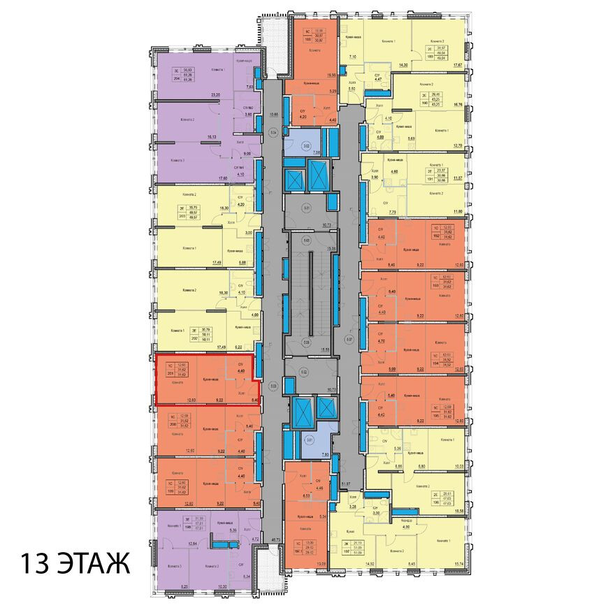 План этажа — 1к. апартаменты, 31.6 м²