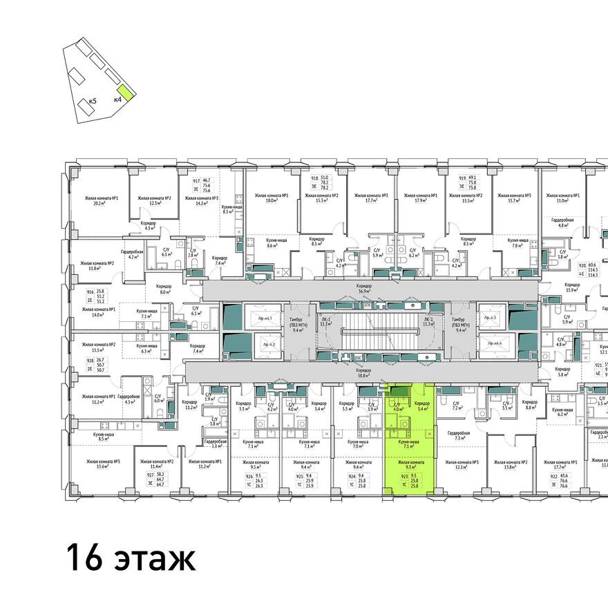 План этажа — 1к. квартира, 25.8 м²