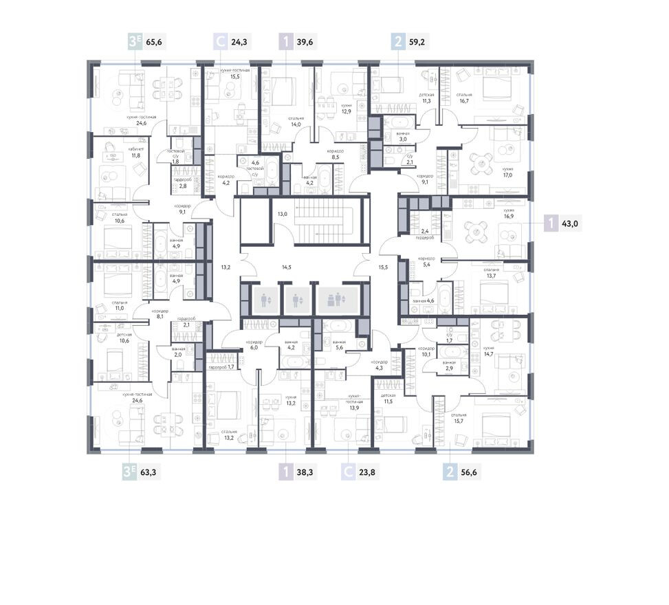 План этажа — 1к. квартира, 39.6 м²