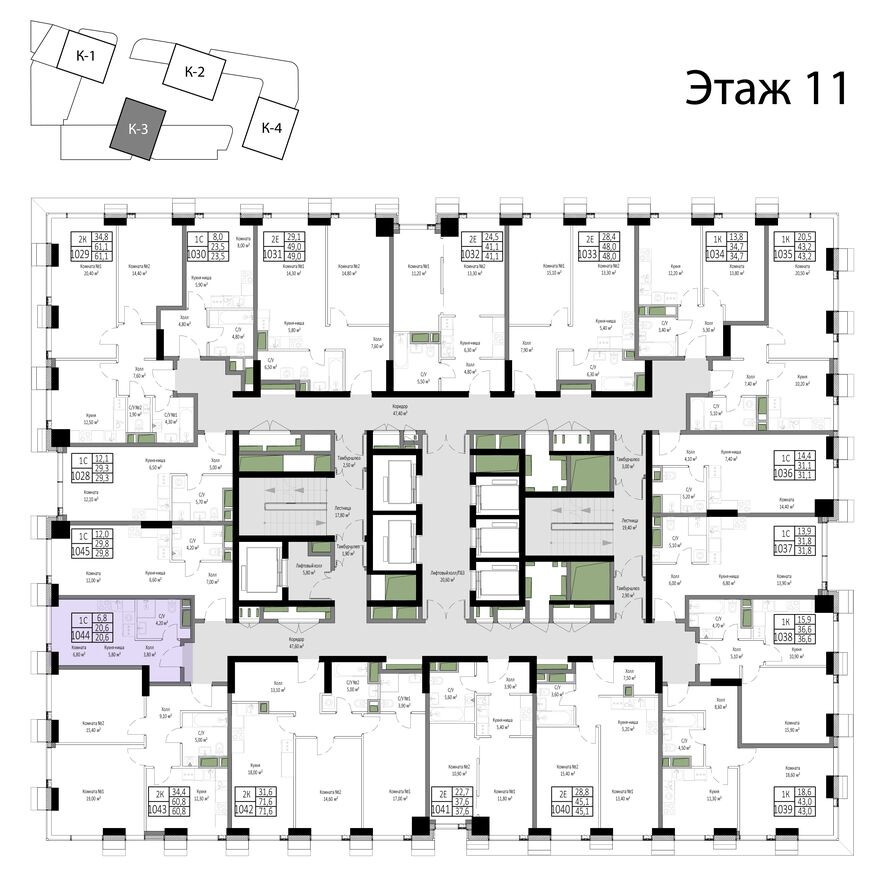 План этажа — 1к. апартаменты, 20.6 м²