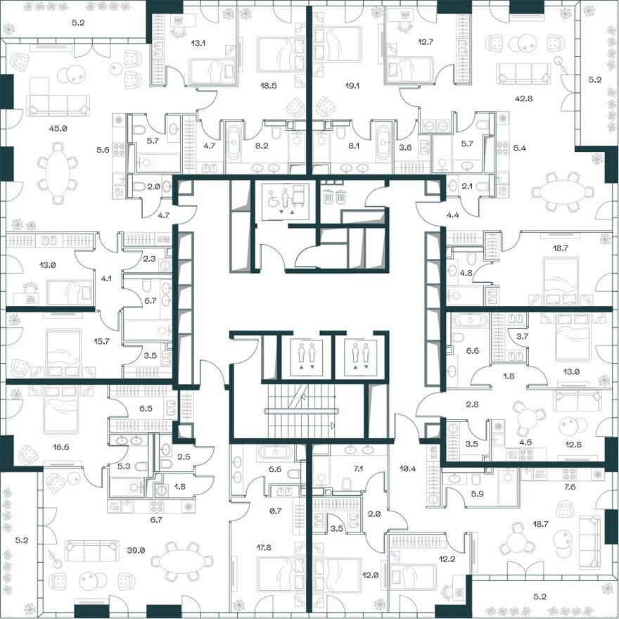 План этажа — 5к. квартира, 154.8 м²