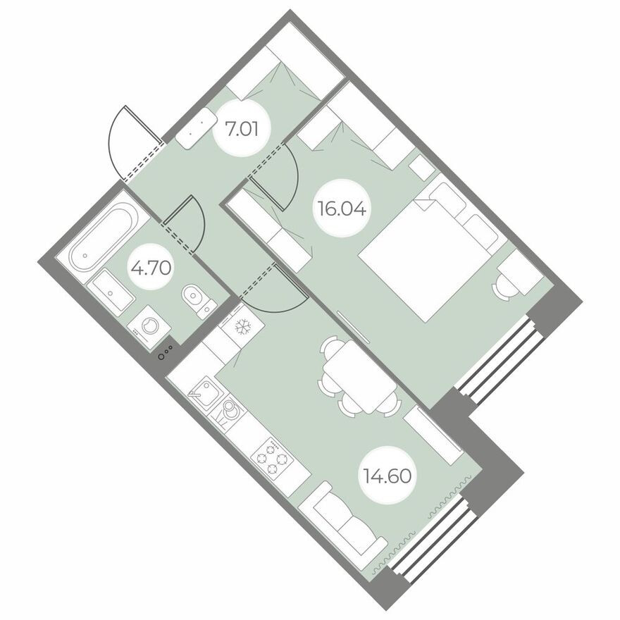 План этажа — 1к. квартира, 42.4 м²
