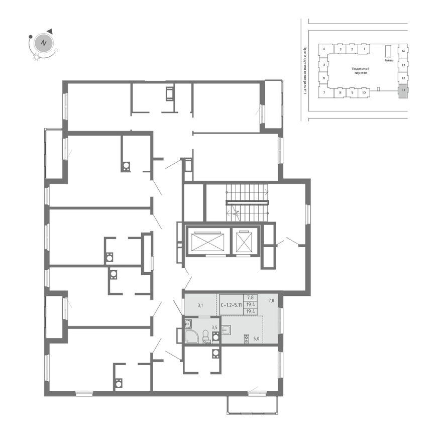 План этажа — Студия-квартира, 19.4 м²