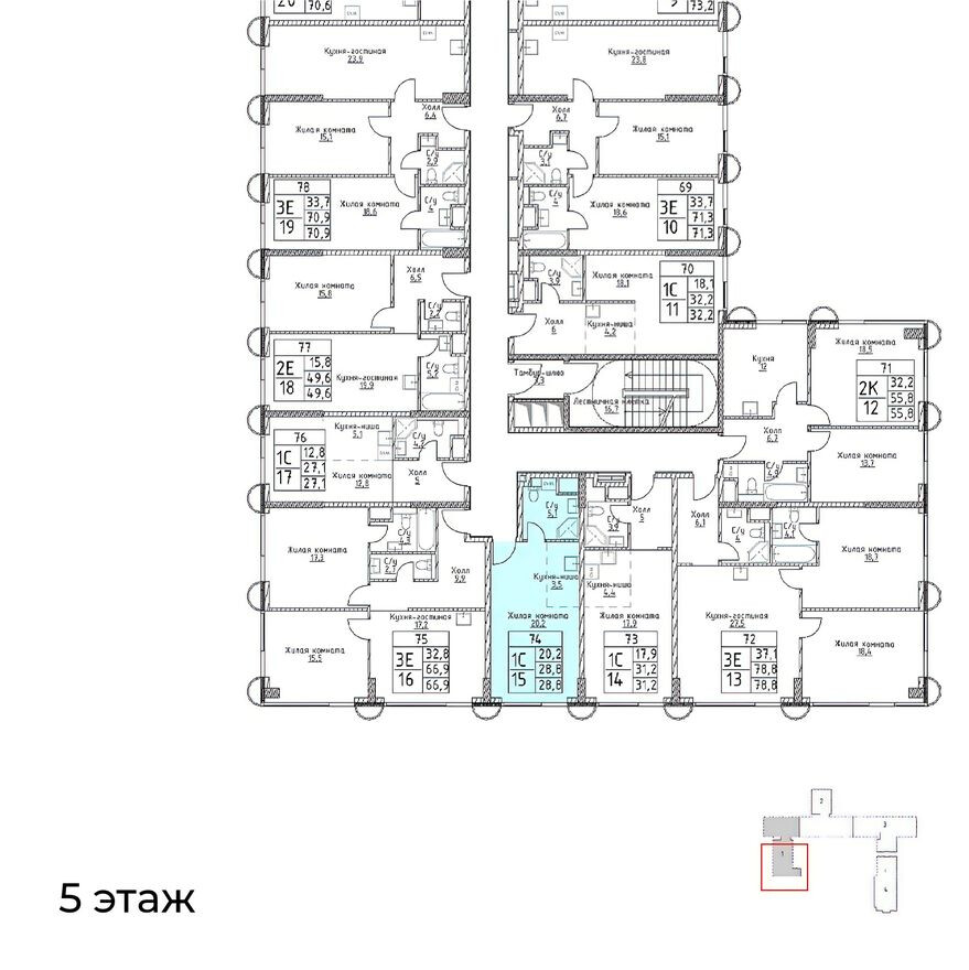 План этажа — 1к. апартаменты, 28.8 м²