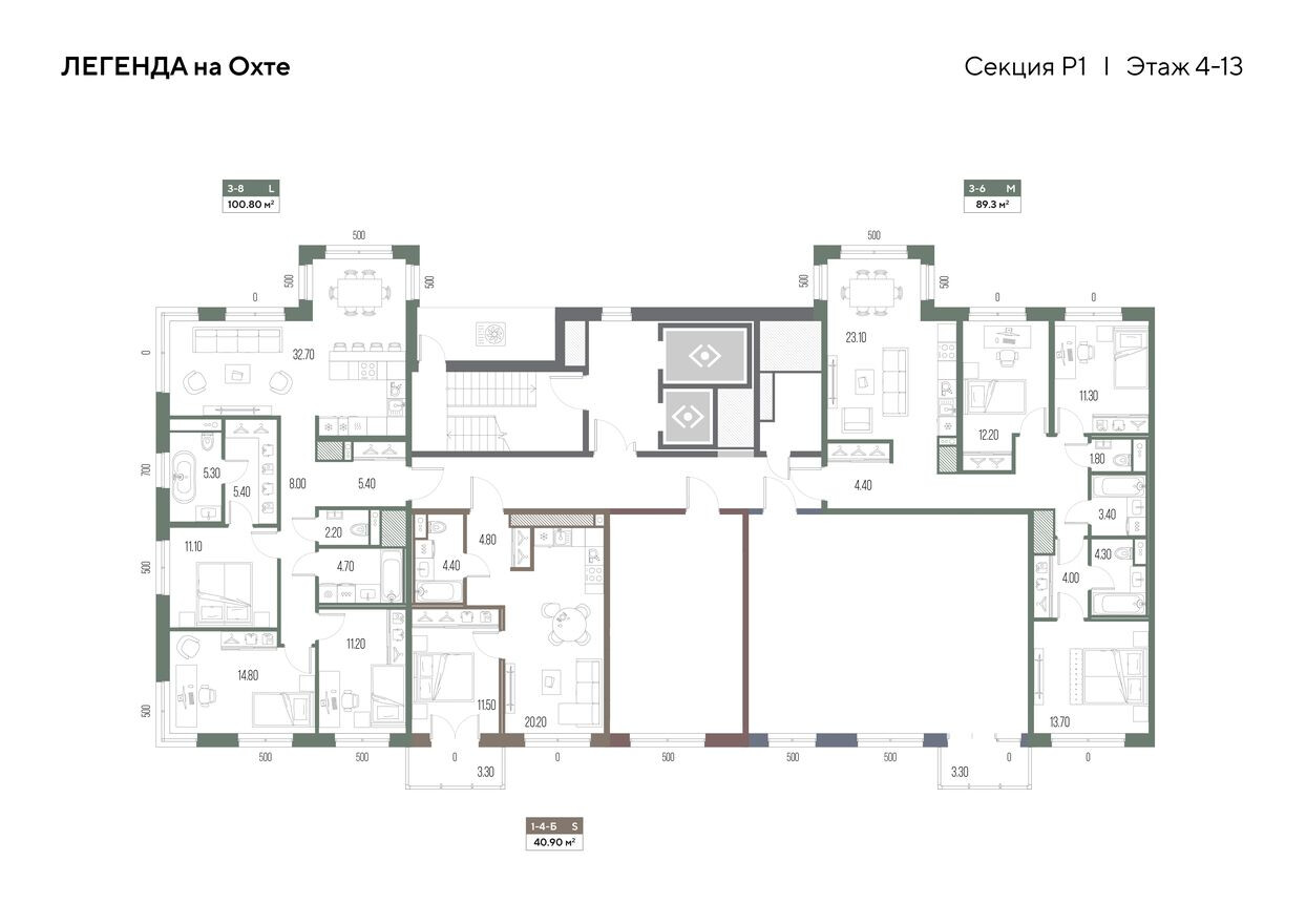 План этажа — 1к. квартира, 40.9 м²