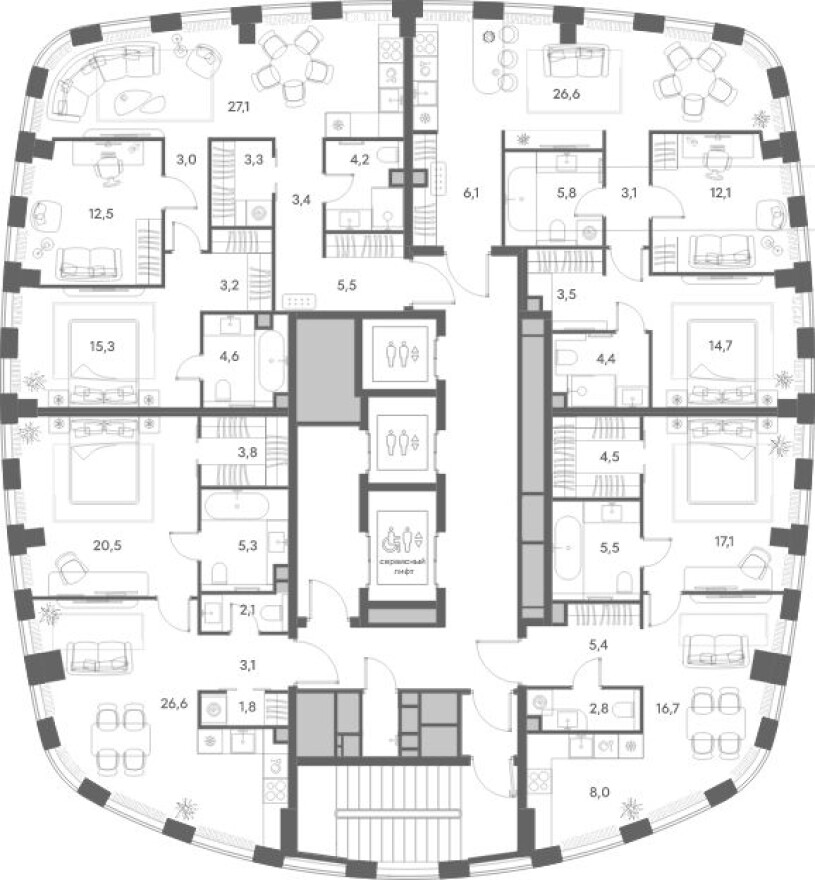 План этажа — 2к. квартира, 82.1 м²