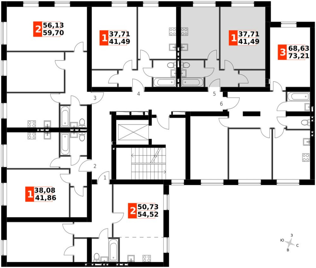План этажа — 1к. квартира, 41.5 м²