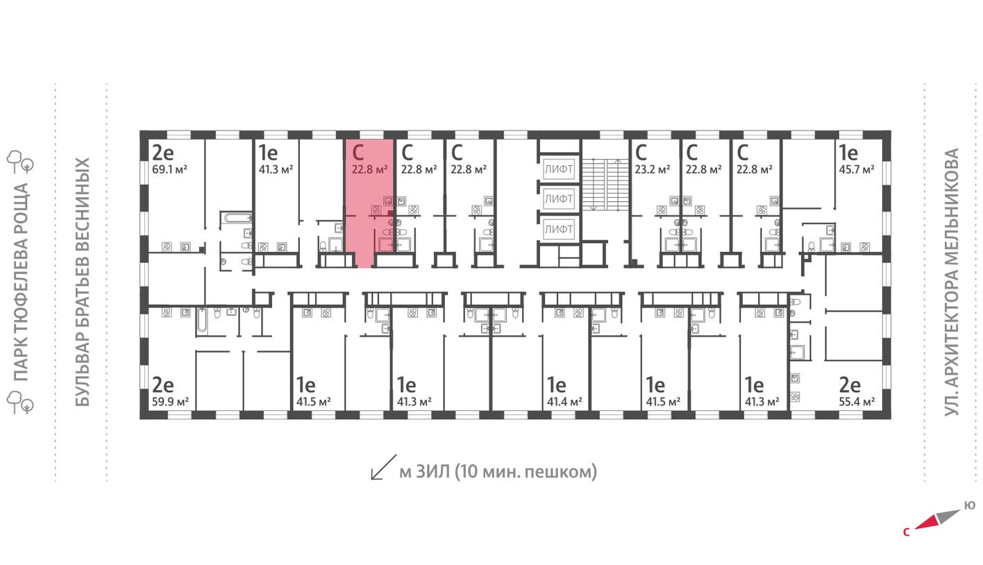 План этажа — Студия-квартира, 22.9 м²