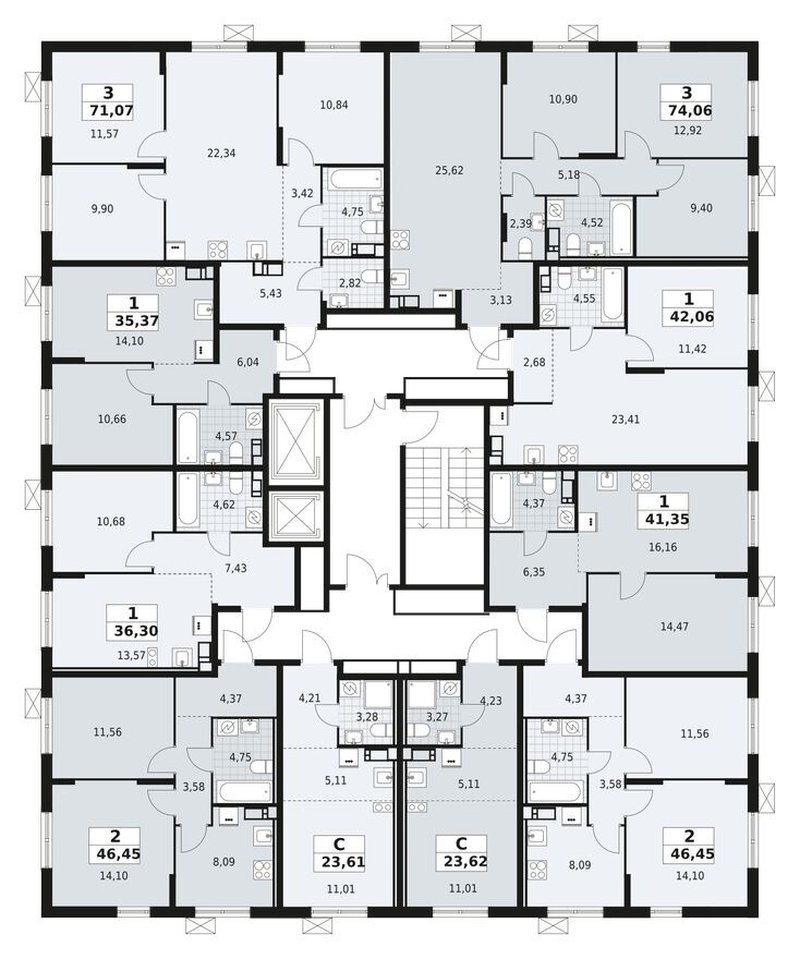 План этажа — 2к. квартира, 46.5 м²