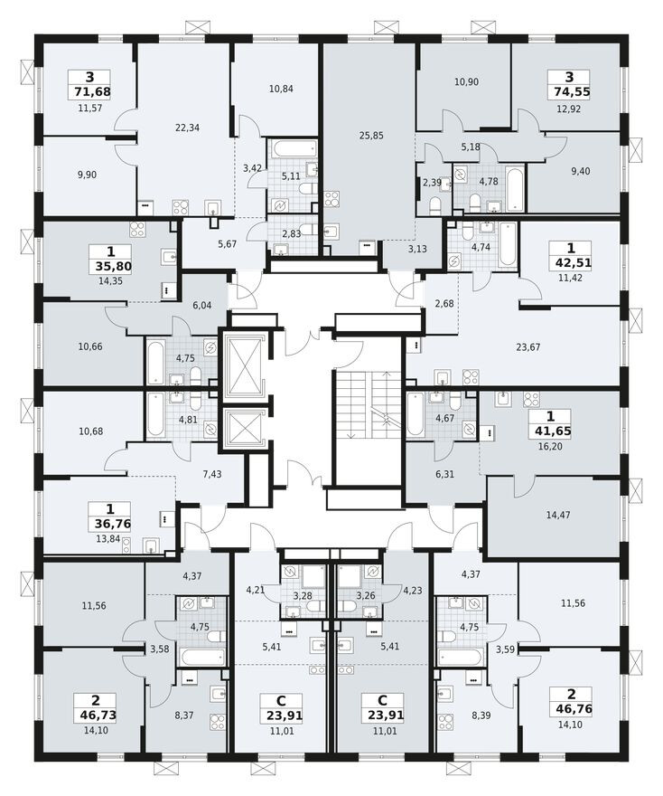 План этажа — 3к. квартира, 71.7 м²